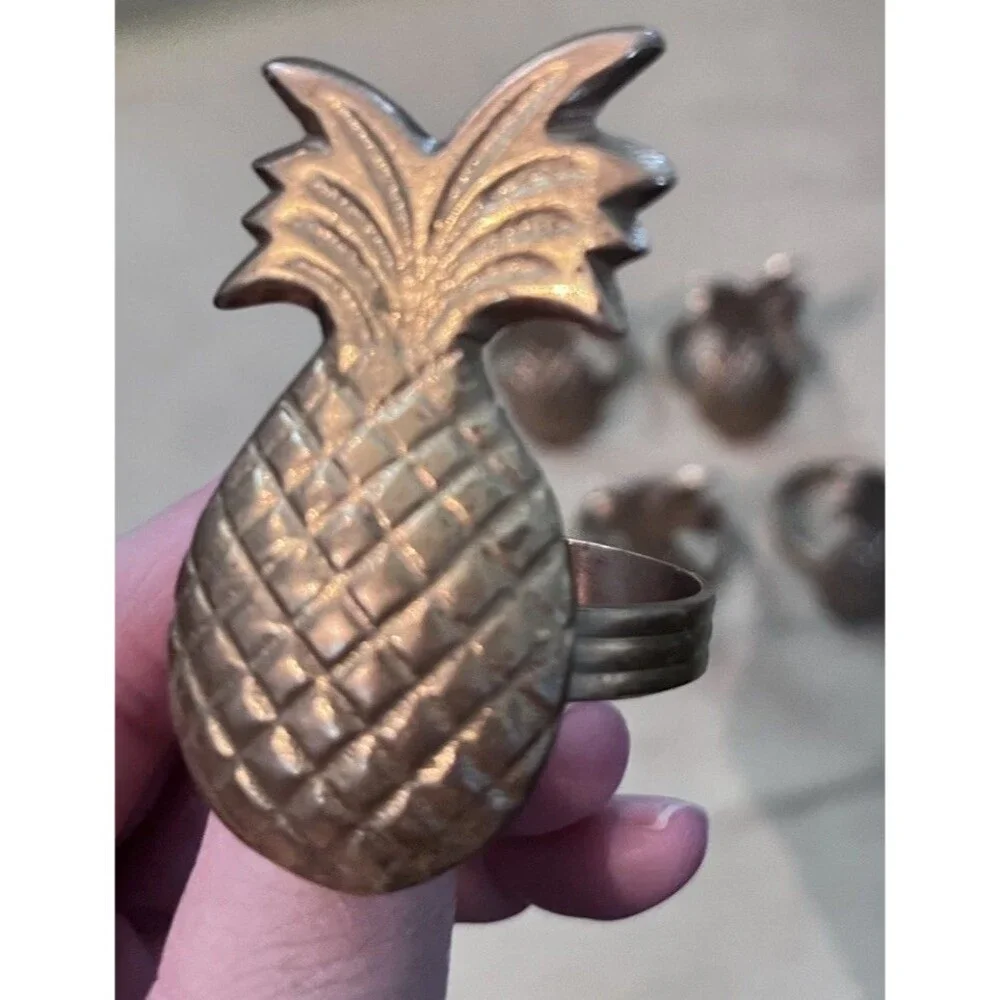 Vintage Pineapple Brass Metal Napkin Holders Rings Set of 5 MCM Mid Century
